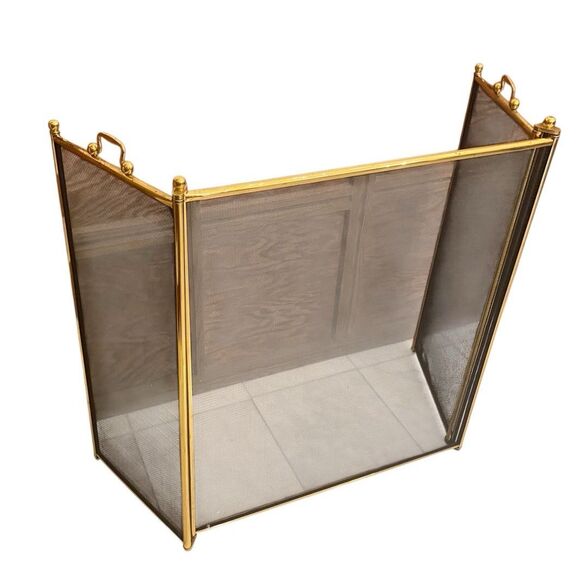 Vintage Brass and Wire Minimalist Metal Fireplace Screen Tri-fold - Picture 1 of 6